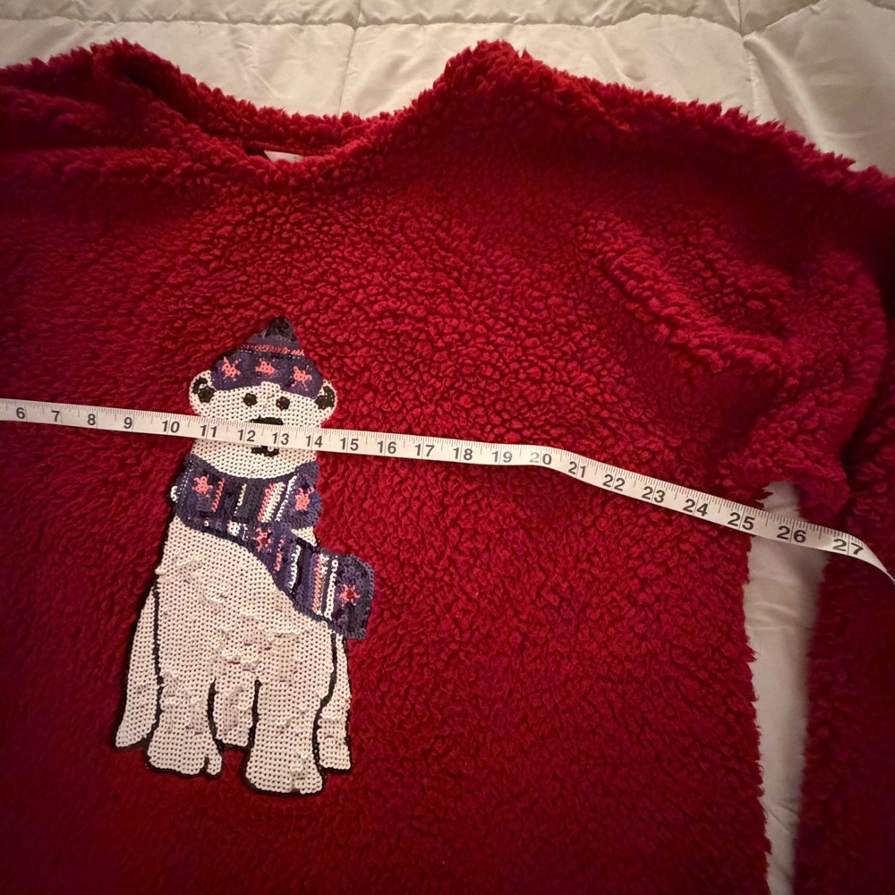 Womens XL Red Sherpa Fleece Sequin Polar Bear Holiday Sweater XL 16-18 - Picture 4 of 6